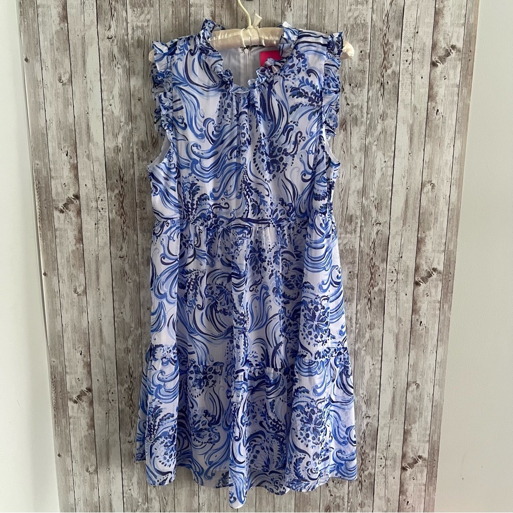 Lilly Pulitzer Jazzy Dress Tiered Don’t Be Jelly Blue and White Dress Large